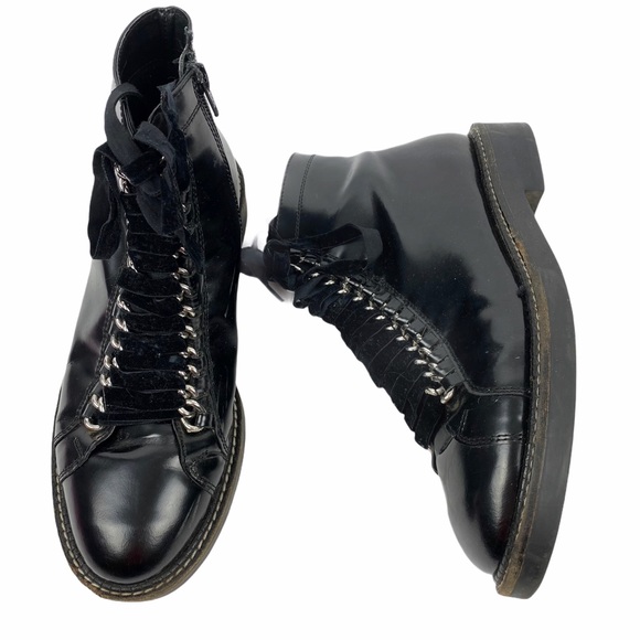 ASOS Combat Moto Lace Up Ankle Boot Bootie Patent Faux Leather Black Size 6 - Picture 2 of 9